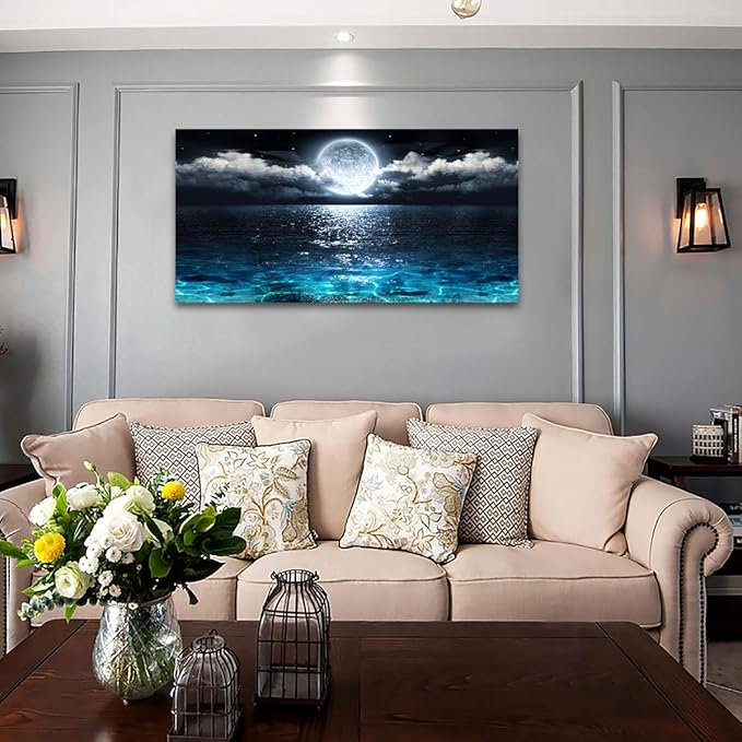 Wall Art Moon Sea Ocean Landscape Picture Canvas Wall Art Print Paintings Modern Artwork for Living Room Wall Decor and Home Décor Framed Ready to Hang,24x48inches,1inch Thick Frame,Waterproof Artwork