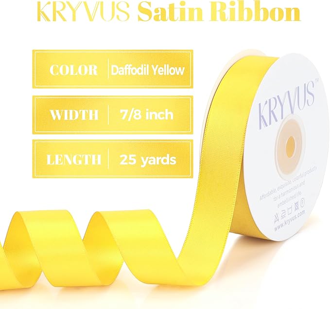 Daffodil Yellow Satin Ribbon, Double Faced 7/8 Inch X 25 Yards Daffodil Ribbon, Premium Satin Ribbon for Gift Wrapping, Crafts, Hair Bow Making, Sewing, Flower Bouquet, Wedding Party Decor