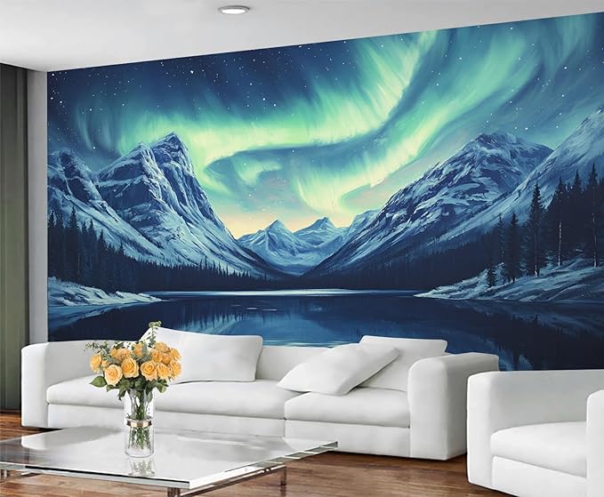 Northern Lights Mountain Wall Mural, Aurora Borealis Lake 3D Wall Murals, Snowy Peaks Starry Sky Wallpaper Mural, for Living Room Bedroom Large Wallpaper Indoor Decor 177.16" W x120 H