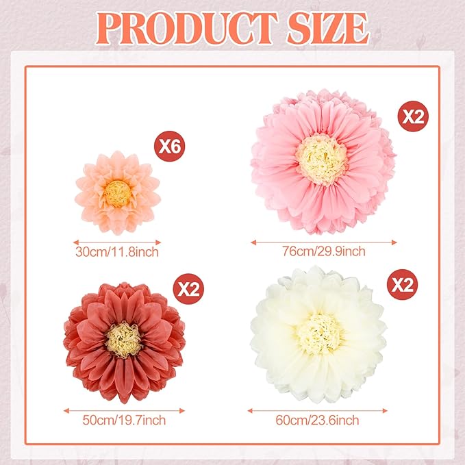 VAIPI 12 Pcs Giant Tissue Paper Flowers Decorations 30'' 24'' 20'' 12'' Large Crepe Paper Flowers Colorful Pom Poms DIY Craft for Wedding Baby Shower Birthday Party Wall Backdrop Decor
