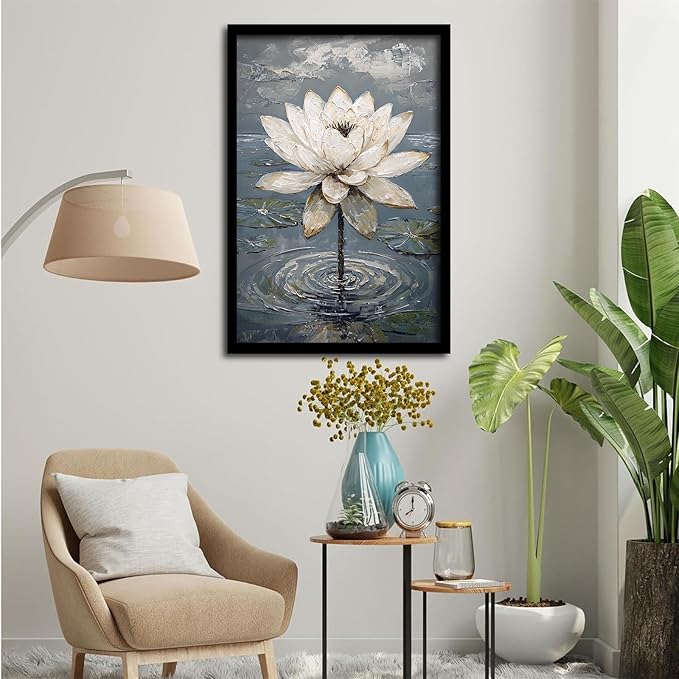 Stunning white lotus emerges from prismatic water with delicate petals background Serene aquatic wall art suitable for modern minimalist decor 16x24in Metal blackFramed