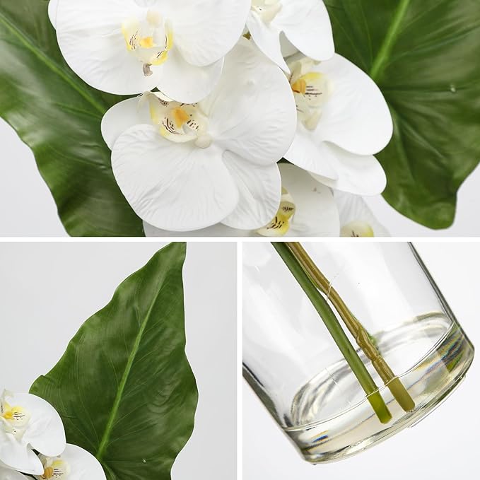 Fake Plant and Faux Orchids in Glass Vase, 15.4" Realistic Faux Tropical Plants Artificial Orchids with Fake Water for Home Farmhouse Office Centerpiece Bathroom Kitchen Counter Décor