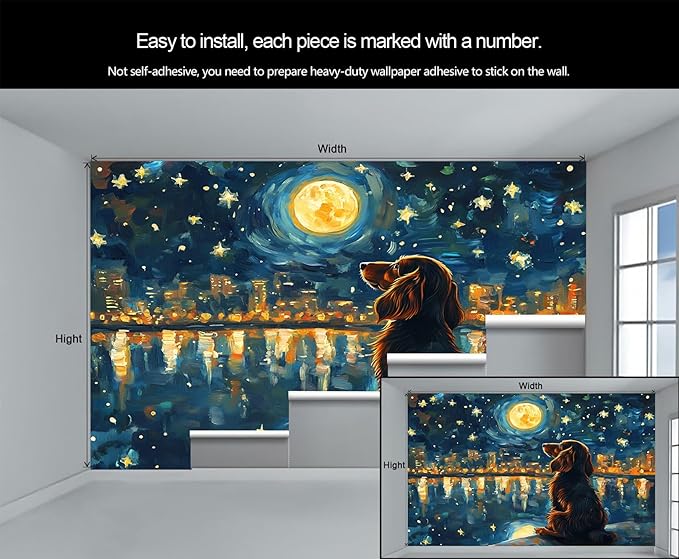 Dog and Moon Night Sky Wall Mural, Starry Night Cityscape 3D Wall Murals, Nighttime Dog Reflection Wallpaper Mural, for Living Room Bedroom Large Wallpaper Indoor Decor 137.8" W x100 H