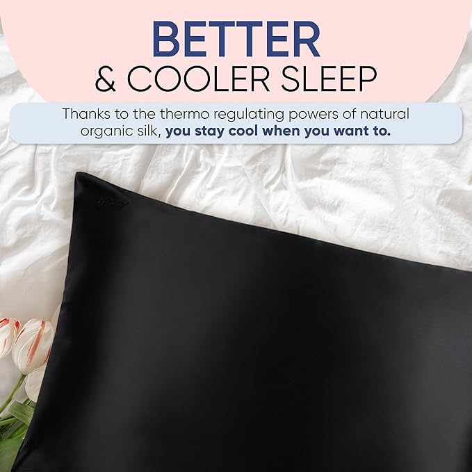 Blissy Silk Pillowcase - 100% Pure Mulberry Silk - 22 Momme 6A High-Grade Fibers - Silk Pillow Cover for Hair & Skin - Regular, Queen & King (Black, Standard)
