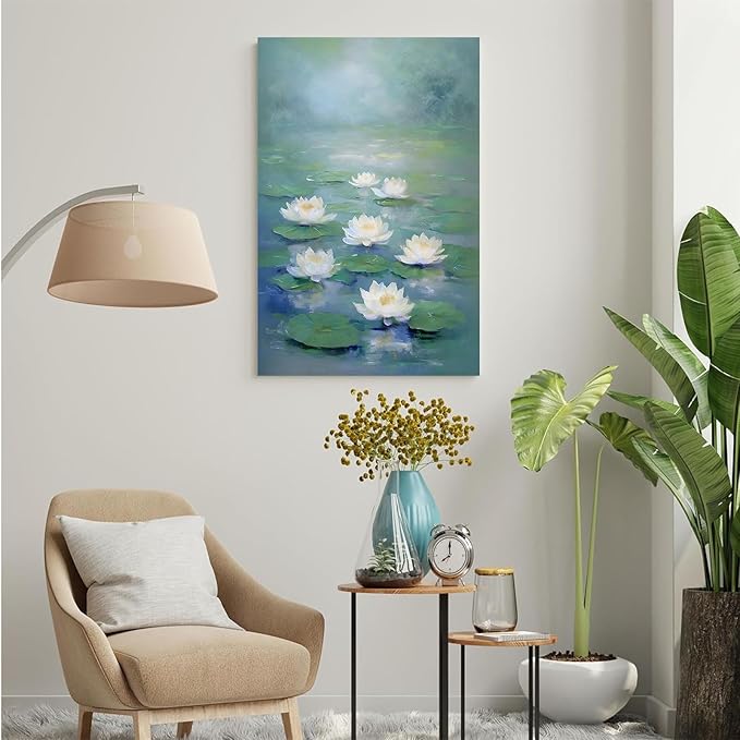 Zen wall art Delicate white lotus flower floating on calm water Vintage oil painting print Serene aquatic wall art creates a tranquil home decor 8x12in Wood Framed
