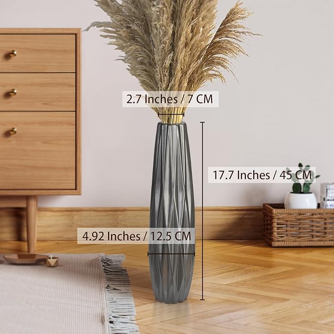 Silvery Ceramic Tall Floor Vase,17.7 Inch Large Modern Flower Vases for Home Décor,Wicker Big Floor Vases Decorations for Farmhouse, Living Room,Bedroom,Standing Plastic Vase Decorative Tall