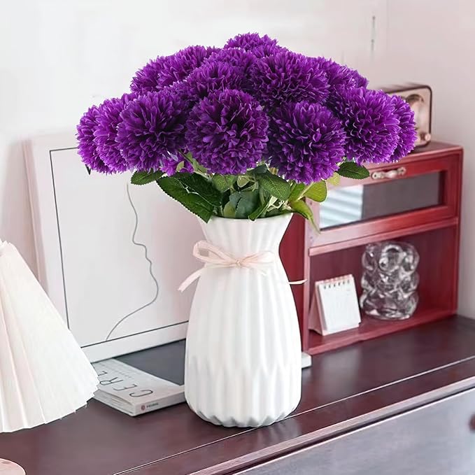 Hananona 12 Pcs Artificial Chrysanthemums Flowers Purple Flowers, Fake Mums Silk Vintage Flower for Home Decor Indoor Floral Arrangement Table Centerpiece (12, Purple)