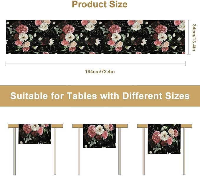 Floral Table Runner,Vintage Gothic Flowers Plant Prints Table Runner for Home Kitchen Table Decor Dining Coffee Room Party Decor 13x120 Inch