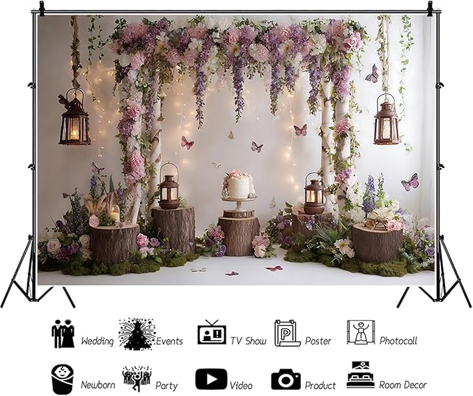 Baocicco Rustic Flower Wall Backdrops 20x10ft Farmhouse Wedding Background Photography Baby Shower Bridal Shower Backdrop Purple Floral Wooden Butterfly Backdrop Kids Adults Portraits Studio Props
