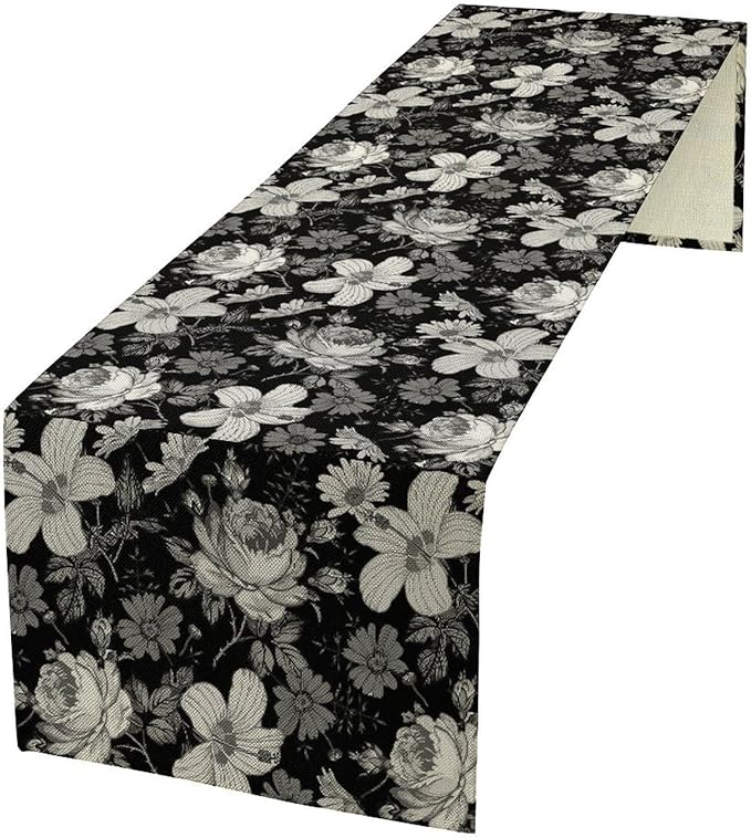 Black Floral Table Runner, Abstract Vintage Black White Floral Plants Leaves Boho Dark Gothic Garden Table Runner for Indoor Outdoor Party Wedding Decor, 13x70inch