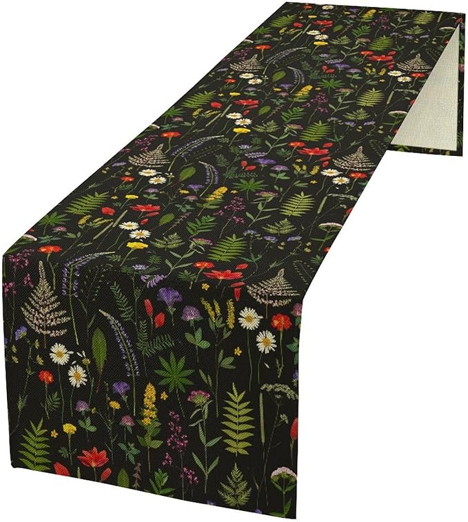 Rustic Field Table Runner, Vintage Farmhouse Natural Forest Wildflowers Plants Herb Print Kitchen Dining Table Decor Seasonal Home Decoration Indoor Outdoor Party, 13x120inch