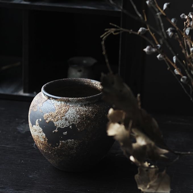 Denique Rustic Vase for Home Decor, Farmhouse Terracotta Vases, Large Ceramic Vase for Living Room Decor, Black Pottery Vase Large Clay Vase, Rustic Farmhouse Tabletop Decor(A-20cm)