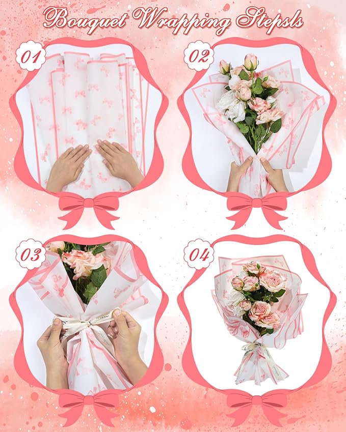 Liobelon 20 Sheets Flower Wrapping Paper Waterproof Bouquet Paper Bow Pattern Pink Gift Wrapping Paper for Flower Shop, Wedding, Birthday Party, Handmade DIY, Anniversary 22.8 x 22.8Inch