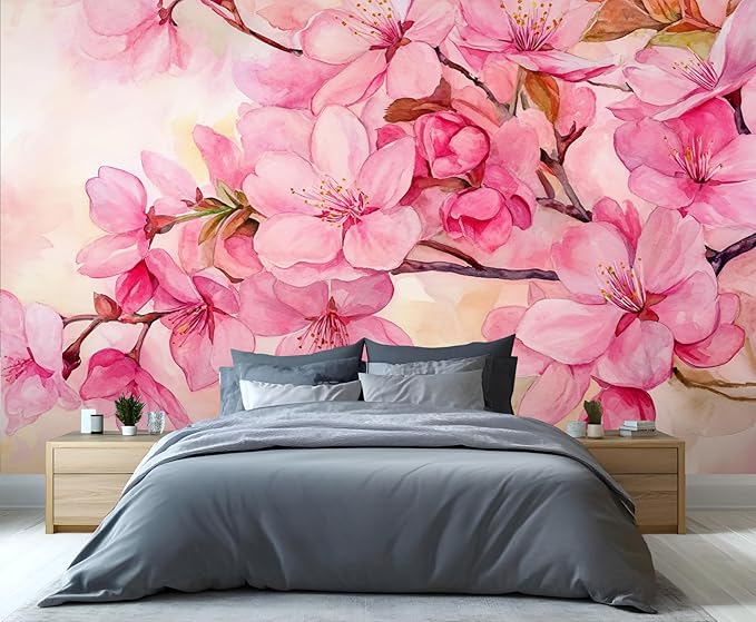 Watercolor Cherry Blossom Wall Mural, Japanese Cherry Blossom 3D Wall Murals, Simple Elegant Flowers Wallpaper Mural, for Living Room Bedroom Large Wallpaper Indoor Decor 98.4" W x68.9 H