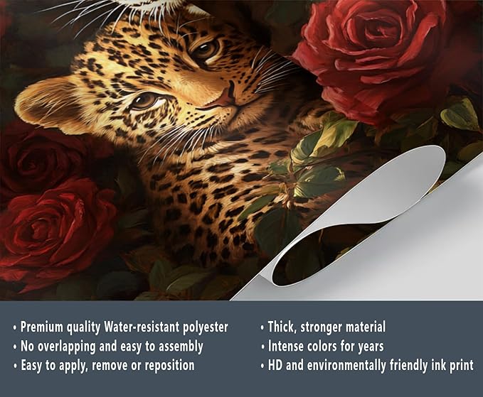 Jungle Rose Leopard Wall Mural, Big Cat Floral 3D Wall Murals, Wild Animal Leopard Wallpaper Mural, for Living Room Bedroom Large Wallpaper Indoor Decor 59" W x39.4 H