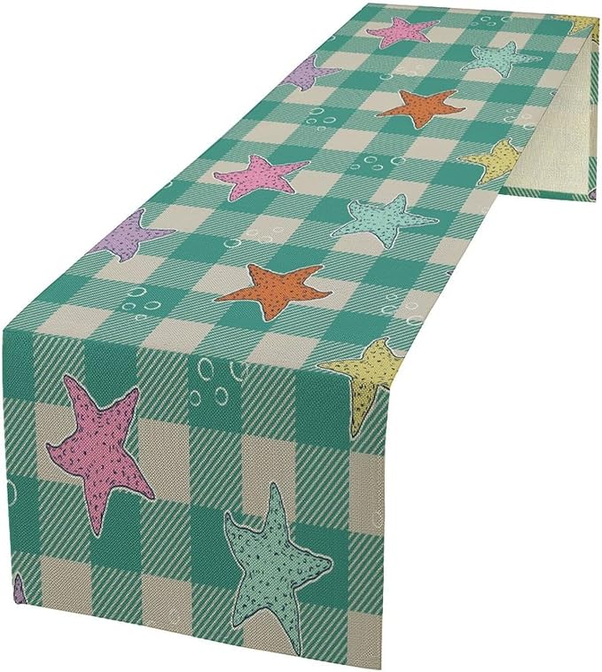 Starfish Plaid Table Flag Green Plaid and Marine Life Starfish Kitchen Table Flag Suitable for Birthday Party Restaurant Decoration Outdoor Picnic 13x36 Inch