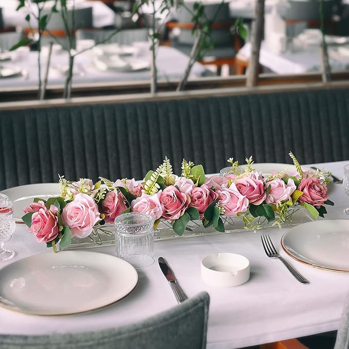 E&F Modern Designs Rectangular Floral Centerpiece for Dining Table - 24 Inches Long Rectangle Vase - Acrylic Clear Vase - Low Laying Unique Flower Vases for Weddings