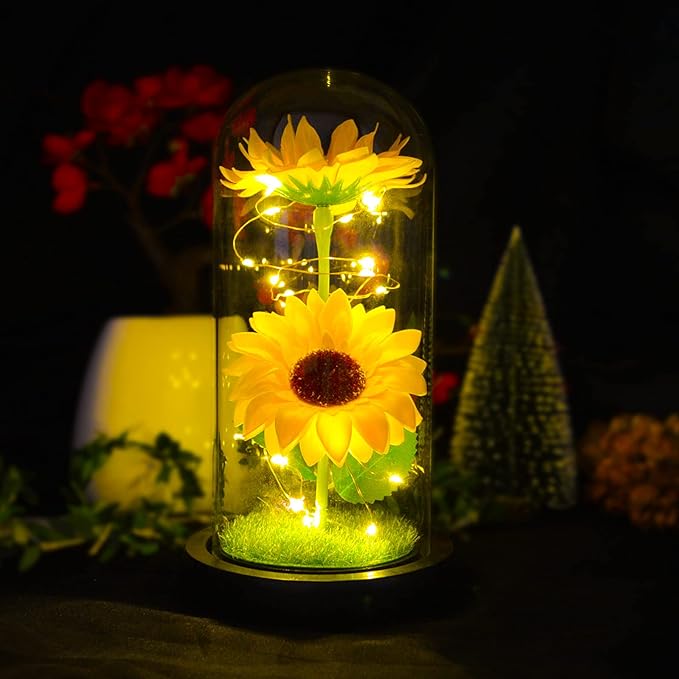 QUELIEN Sunflower Gift for Women,Sun Flowers Home Decor,Preserved Sunflower Bouquet in Glass Dome,Birthday Gifts for Her Mom