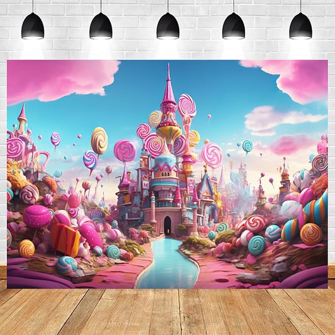 12x10ft Candyland Backdrop Sweet Candy Castle Photography Background Colorful Lollipop Blue River Cartoon Kids Birthday Banner Decorations Baby Shower Newborn Portrait Photo Booth Prop