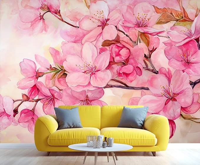 Watercolor Cherry Blossom Wall Mural, Japanese Cherry Blossom 3D Wall Murals, Simple Elegant Flowers Wallpaper Mural, for Living Room Bedroom Large Wallpaper Indoor Decor 169.3" W x118.2 H