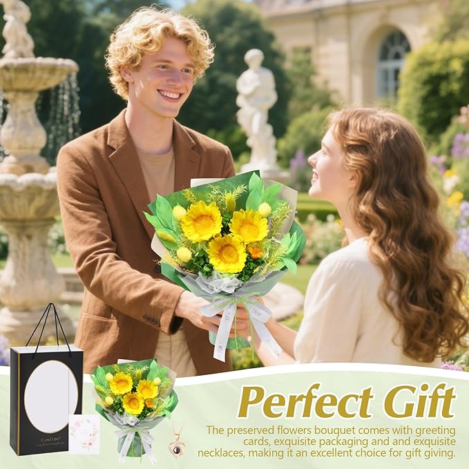 Casaido Preserved Flowers for Delivery, Sunflower Bouquet with Necklace, Forever Real Flowers Anniversary Birthday Gifts for Women Mom Wife Girlfriend, Eternal Flowers for Valentines Day Christmas