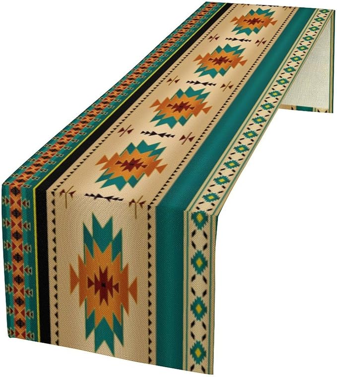 Aztec Southwest Table Runner, Ethnic Style Design Geometric Triditional Kitchen Table Runners Table Setting Decor for Garden Farmhouse Wedding Party Holiday Dinner Home, 13x120 Inch