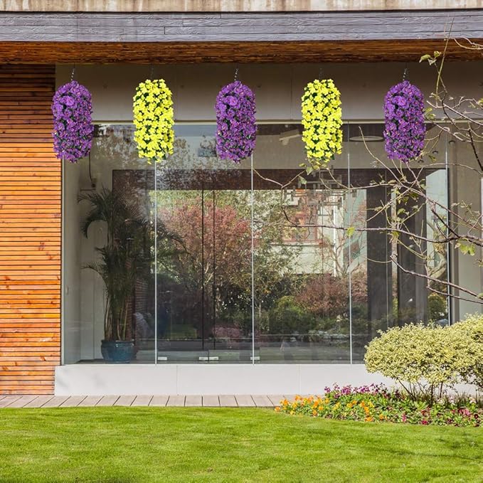 Artificial Fake Flowers Plants Hanging Baskets Outdoor Outside Spring Decor, Faux Silk Purple UV Resistant Look Real Morning Glory Home Patio Porch Balcony Decoration