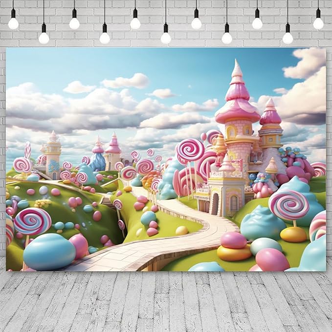 12x8ft Candyland Backdrop Fantasy Candy Castle Photography Background Sweet Lollipop Dream Blue Sky White Cloud Kids Birthday Banner Decorations Baby Shower Newborn Portrait Photo Booth Prop