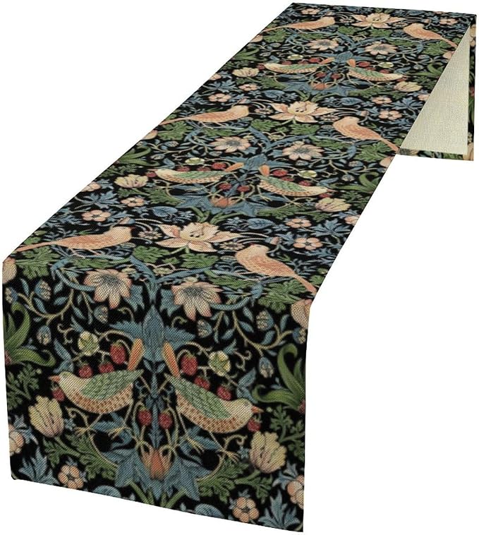William Morris Floral Table Runner, Strawberry Thief Birds in Green and Blue Table Runner for Home Kitchen Dining Table Decoration,13x36 Inch