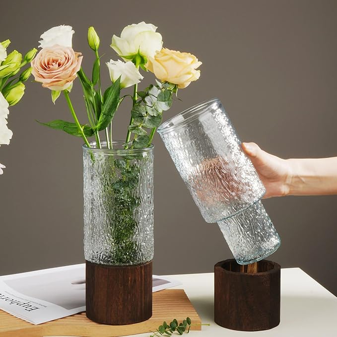10 Inch Large Artistic Wood Base Glass Cylinder Flower Vase, Ins Modern Boho Water Wave Style for Home Kitchen Fireplace Office Desks, Houses, Garden Decorations
