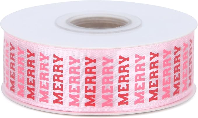 Gingerbread with Candy Canvas Ribbon 7/8 Inch 20 Yards Pink White Merry Christmas Candy Cane Fabric Craft Ribbon for Christmas Gift Wrapping Wreath Bow DIY Crafts Supplies (Pink Merry)