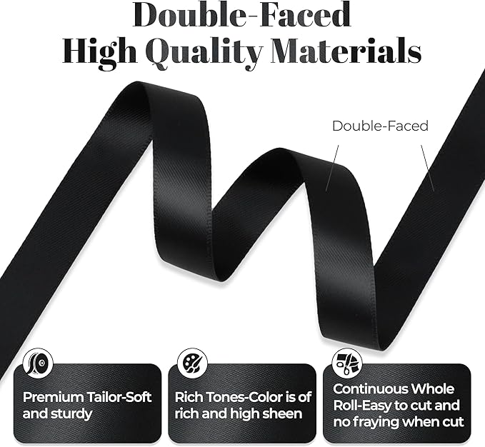 Black Satin Ribbon, Double Faced 1/2 Inch X 25 Yards Black Ribbon, Premium Satin Ribbons for Gift Wrapping, Crafts, Hair Bow Making, Sewing, Flower Bouquet, Wedding Party Decor