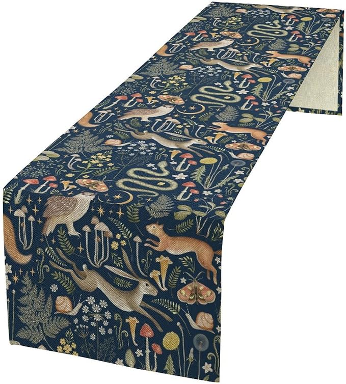 Fairy Forest Table Runner, Rustic Retro Woodland Wildlife Owl Squirrel Flowers Mushroom Seasonal Holiday Kitchen Dining Coffee Table Decoration For Home Indoor Outdoor Party Wedding, 13x120inch