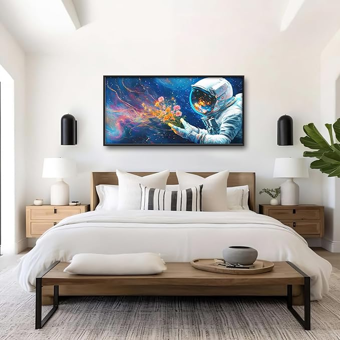 Astronaut Large Wall Art Galaxy Outer Space Pictures Wall Decor Flowers Above Over Bed Canvas Prints Painting Framed Artwork Decoration for Boys Bedroom Living Room 60"x30"