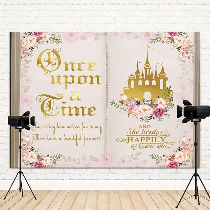 9x6ft Once Upon a Time Backdrop Pink Flower Gold Castle Photography Background Fairy Tale Books Floral Princess Girls Birthday Banner Decorations Fairytale Wedding Portrait Photo Booth Prop