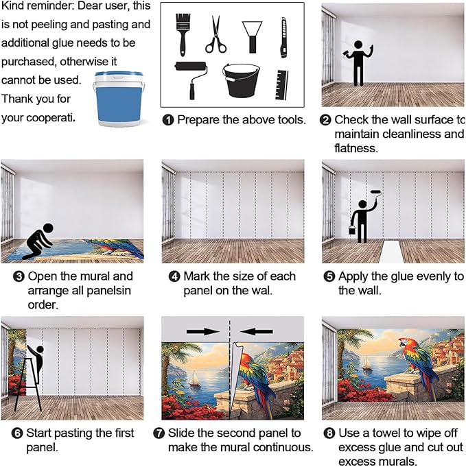 Macaw Parrot Wall Mural, Coastal Mediterranean Parrot 3D Wall Murals, Sunset Seaside Village Scene Wallpaper Mural, for Living Room Bedroom Large Wallpaper Indoor Decor 157.5" W x110.3 H