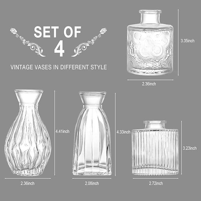 Glass Bud Vase Clear Bud Vases Set of 4 for Centerpieces, Vintage Glass Flower Vases in Bulk Suitable for Weddings, Parties or Home Decoration