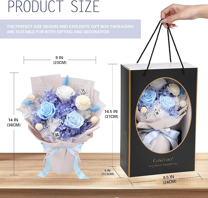 Preserved Flowers for Delivery, Blue Flower Bouquets with Necklace, Forever Real Roses Anniversary Birthday Gifts for Women Mom Wife Girlfriend, Fresh Flowers for Valentines Day Christmas