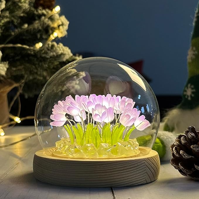 (20 Flower) Assembled Tulip Lamp Night Light with Glass Dome, Cool Handmade Artificial Flower Table Lamp Bedroom Desk Decoration for Women Girlfriend Sister Besties Birthday Christmas Gift (Purple)