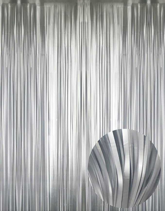 GOER 3.2 ft x 8.2 ft Metallic Tinsel Foil Fringe Curtains Party Photo Backdrop Party Streamers for Birthday,Graduation,New Year Eve Decorations Wedding Decor (5 Pcs,Matte Silver,Thick Material)