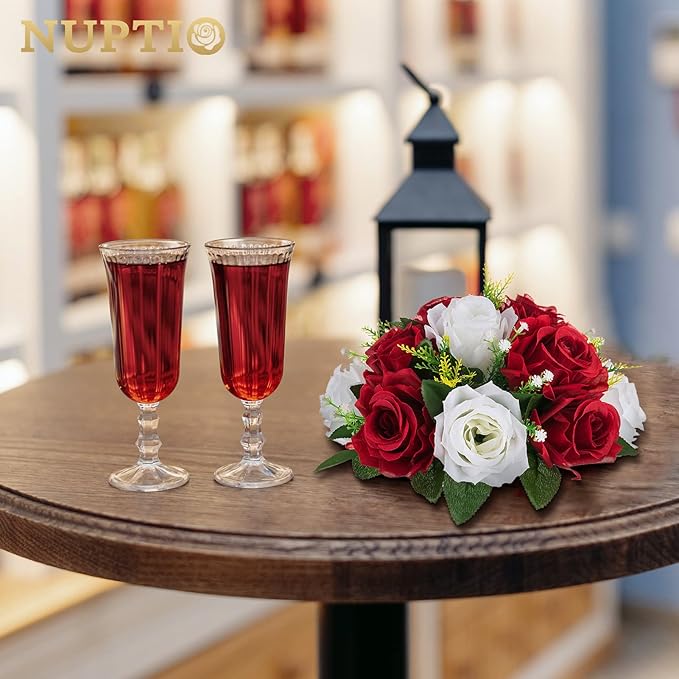 NUPTIO Artificial Flower Centrepieces for Tables - 6 Pcs Crimson & White Fake Flowers Roses Balls 9.5in Diameter - Silk Faux Rose Arrangement for Wedding Party Centerpiece Table Decorations