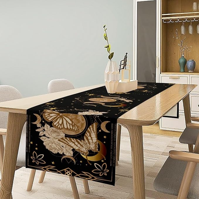 Gothic Moth Table Runner, Boho Floral Gothic Sun Moon Phase Mystical Witchy Starlight Coffee Table Center Decor for Home Kitchen Dining Patio Holiday Party Table Decorations 13x90 inches