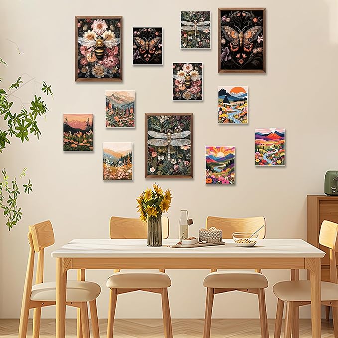 Retro Insect Bee Butterfly Dragonfly Wall Art Set Of 3 24x16In Wood Framed, with 9 Bonus Posters 8"x10", Nature plant Canvas Decoration Paintings Artwork for Office Bedroom Living Room Home Decor