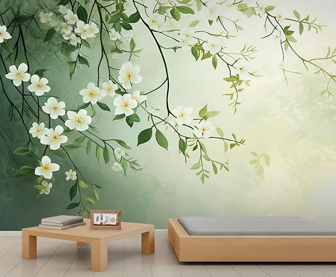 Spring Blossom Floral Wall Mural, Minimalist White Floral 3D Wall Murals, Elegant Botanical Wallpaper Mural, for Living Room Bedroom Large Wallpaper Indoor Decor 157.5" W x110.3 H