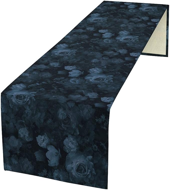 Gothic Flower Table Runner, Dark Navy Blue Flower Rose Vintage Garden Flowers Herbs Print Print Table Cover for Home Holiday Party Indoor Outdoor Decor, 13x36inch