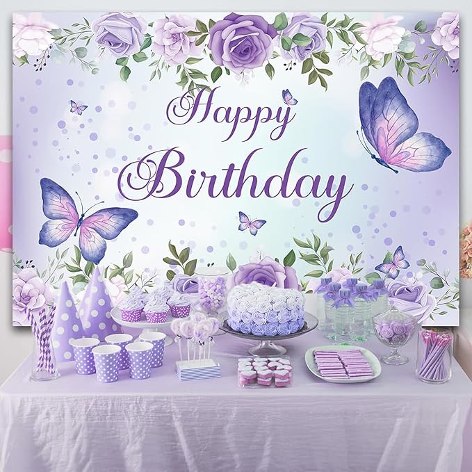 8x6Ft Purple Butterfly Birthday Banner Backdrop for Women Girl Purple Happy Birthday Backdrop Banner (96x72 Inch) Rose Flowers Butterfly Decortions Background for GILR 's Party
