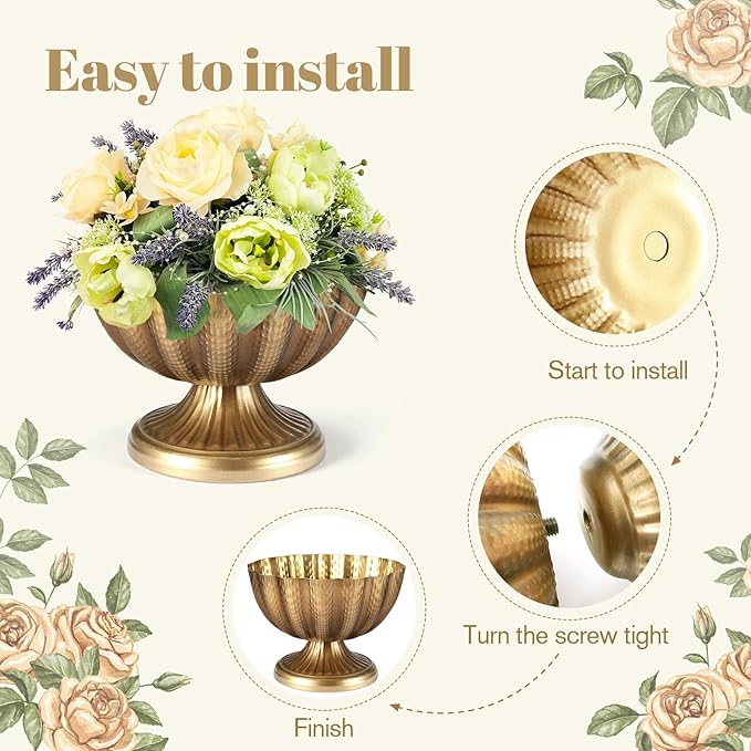 Set of 4, 9'' Wide 6.5'' High Distressed Gold Compote Pedestal Vases, Antique Metal Large Gold Compote Bowl Vase for Centerpieces with Waterproof Liner