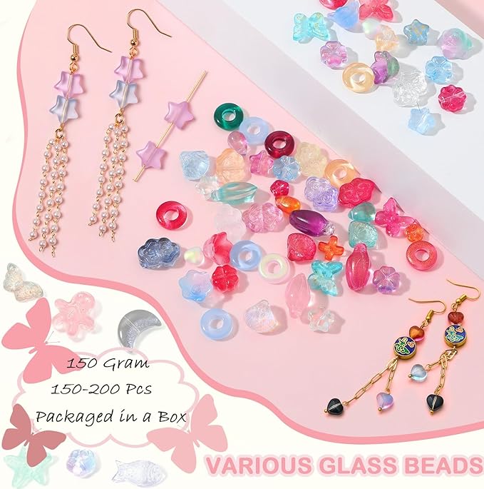 150-200Pcs Assorted Glass Beads for Jewelry Making Colorful Beads of Various Flower Butterfly Geometric Animal Bow Charms Crystal Loose Bead for Bracelet Necklace Earrings Pendant Crafts DIY