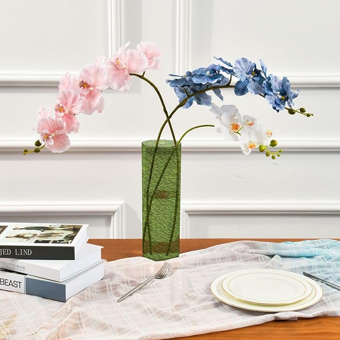 Flower Vase for Centerpieces, Green Crocodile Leather Texture Plastic Cylinder Vase, Clear Bud Vases for Home Wedding Office Table Decor