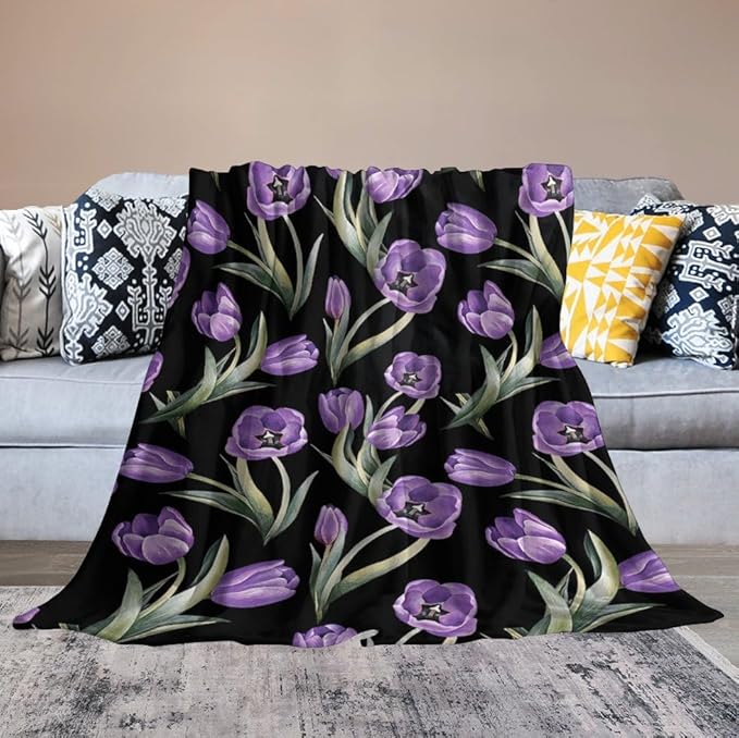 Purple Tulip Blanket Flower Gifts for Girls Women Tulip Floral Throw Blanket for Kids Adults Soft Warm Cozy Fleece Blanket for Couch Sofa Bed 60"x80"